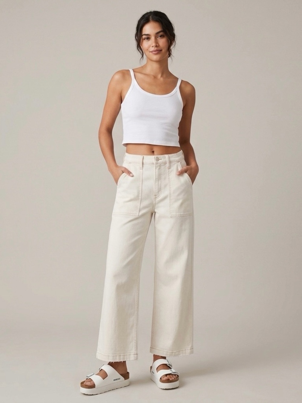Hudson Jeans Jodie Wide Leg Utility High Rise Pants White Tan Stitching Size 27